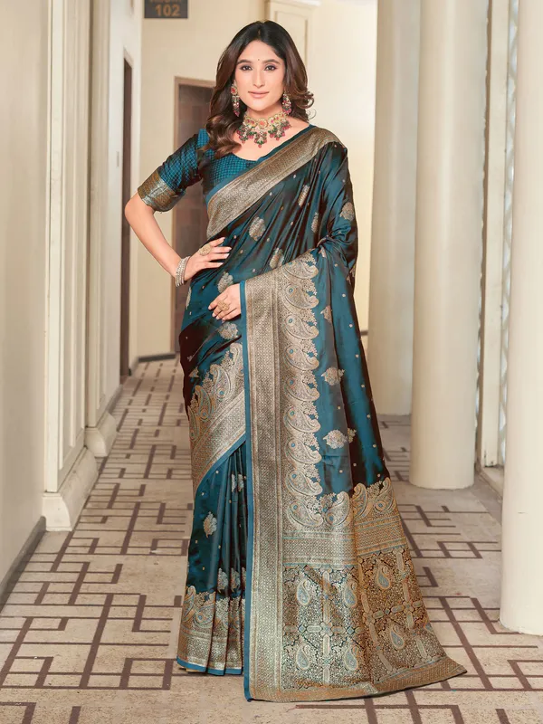 Dark_Blue_Banarasi_Satin_Silk_Jacquard_Zari_Work_Saree_For_Women_|_With_Blouse_Piece