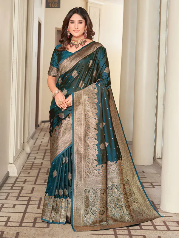 Dark_Blue_Banarasi_Satin_Silk_Jacquard_Zari_Work_Saree_For_Women_|_With_Blouse_Piece