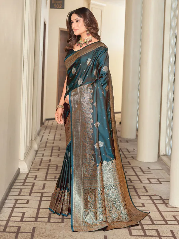 Dark_Blue_Banarasi_Satin_Silk_Jacquard_Zari_Work_Saree_For_Women_|_With_Blouse_Piece