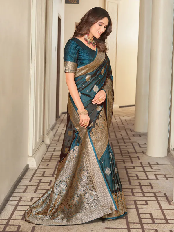 Dark_Blue_Banarasi_Satin_Silk_Jacquard_Zari_Work_Saree_For_Women_|_With_Blouse_Piece