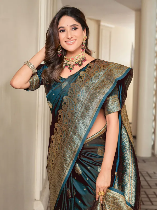 Dark_Blue_Banarasi_Satin_Silk_Jacquard_Zari_Work_Saree_For_Women_|_With_Blouse_Piece