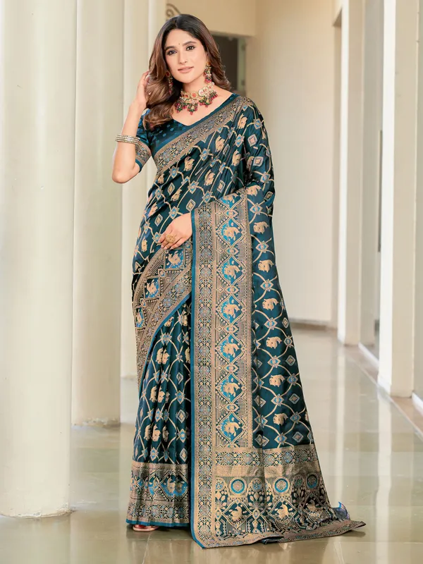 Light_Blue_Satin_Jacquard_Zari_Woven_Banarasi_Saree_For_Women_|_With_Blouse_Piece