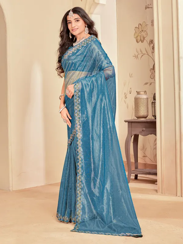 Light_Blue_Net_Swarovski_Embellished_Saree_For_Women_|_With_Blouse_Piece