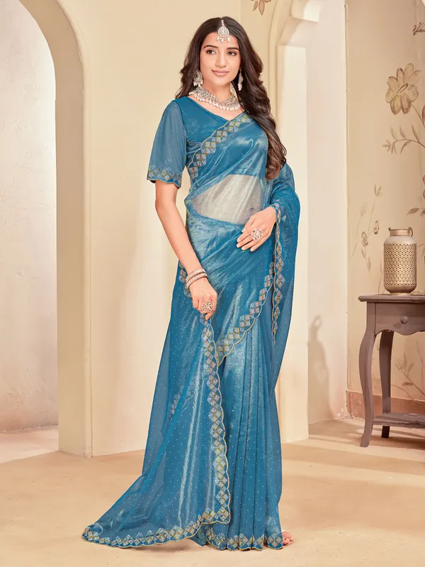 Light_Blue_Net_Swarovski_Embellished_Saree_For_Women_|_With_Blouse_Piece