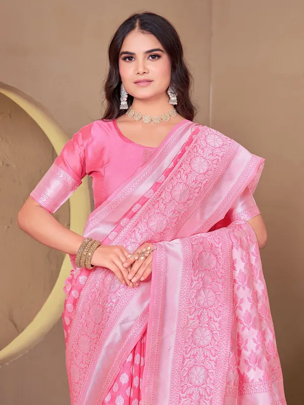 Pink_Banarasi_Silk_Blend_Jacquard_Woven_Saree_For_Women_|_With_Blouse_Piece