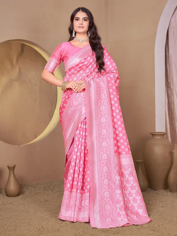Pink_Banarasi_Silk_Blend_Jacquard_Woven_Saree_For_Women_|_With_Blouse_Piece