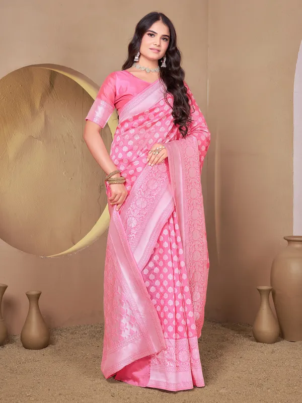 Pink_Banarasi_Silk_Blend_Jacquard_Woven_Saree_For_Women_|_With_Blouse_Piece