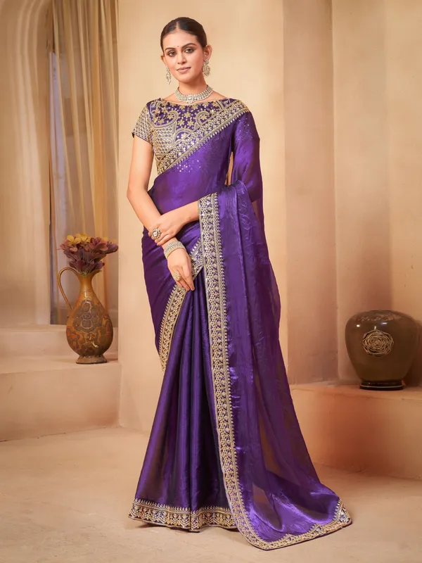 Purple_Organza_Sequin_Dori_Embroidered_Lace_Border_Saree_For_Women_|_With_Blouse_Piece