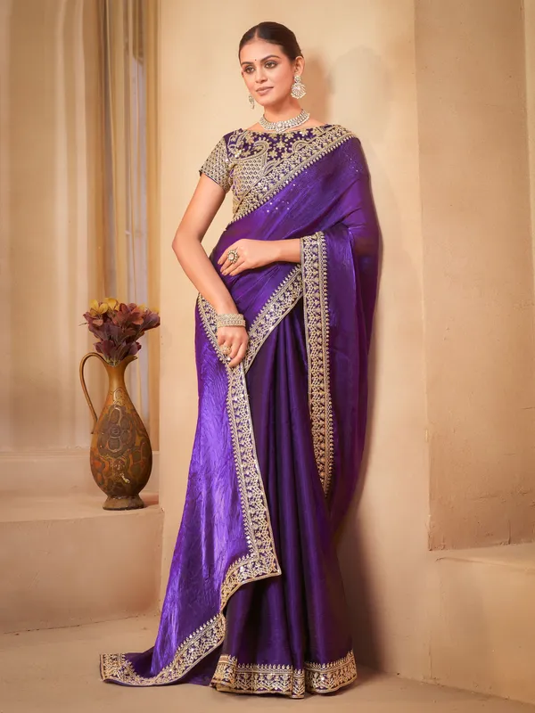 Purple_Organza_Sequin_Dori_Embroidered_Lace_Border_Saree_For_Women_|_With_Blouse_Piece