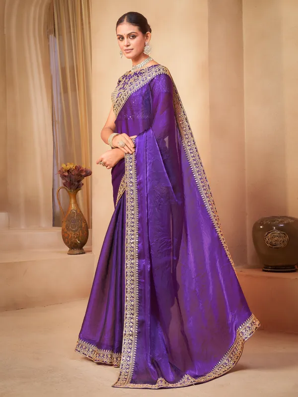 Purple_Organza_Sequin_Dori_Embroidered_Lace_Border_Saree_For_Women_|_With_Blouse_Piece