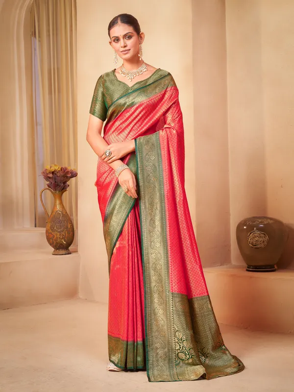 Pink_Green_Georgette_Kanjivaram_Jacquard_Woven_Zari_Saree_For_Women_|_With_Blouse_Piece