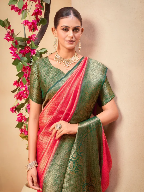 Pink_Green_Georgette_Kanjivaram_Jacquard_Woven_Zari_Saree_For_Women_|_With_Blouse_Piece