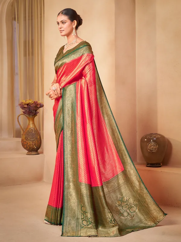 Pink_Green_Georgette_Kanjivaram_Jacquard_Woven_Zari_Saree_For_Women_|_With_Blouse_Piece