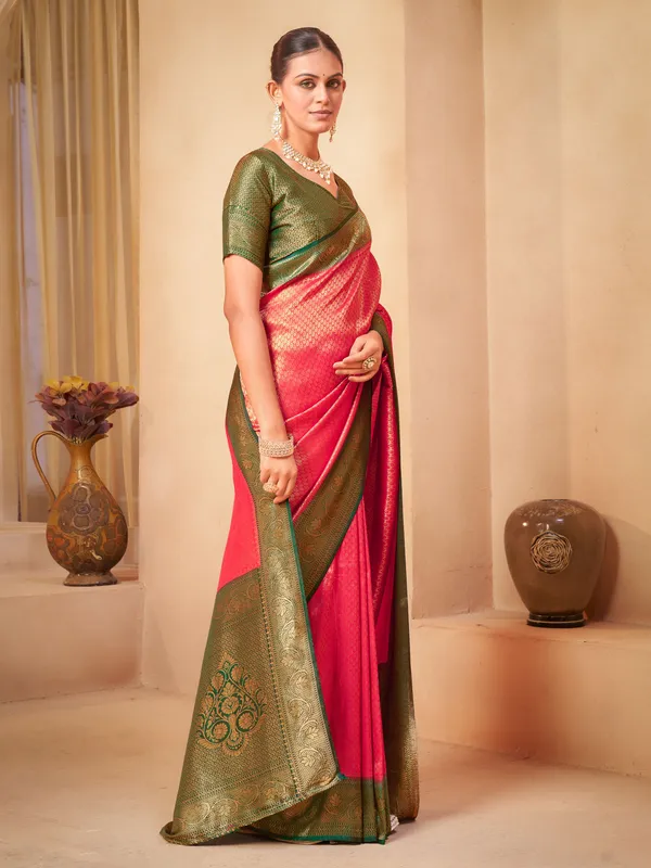 Pink_Green_Georgette_Kanjivaram_Jacquard_Woven_Zari_Saree_For_Women_|_With_Blouse_Piece
