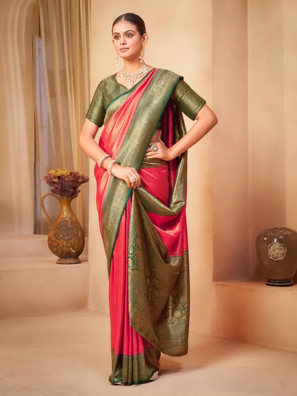 Pink_Green_Georgette_Kanjivaram_Jacquard_Woven_Zari_Saree_For_Women_|_With_Blouse_Piece