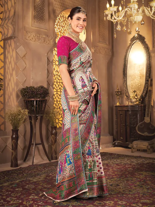 Beige_Madhubani_Pure_Silk_Woven_Saree_For_Women_|_With_Blouse_Piece