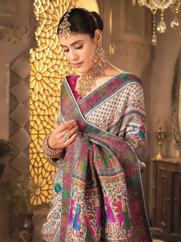 Beige_Madhubani_Pure_Silk_Woven_Saree_For_Women_|_With_Blouse_Piece
