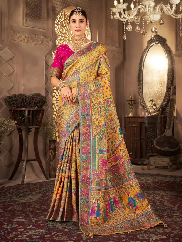 Beige_Madhubani_Pure_Silk_Jacquard_Digital_Print_Saree_For_Women_|_With_Blouse_Piece