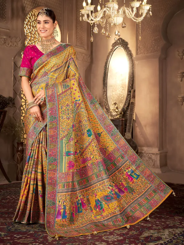 Beige_Madhubani_Pure_Silk_Jacquard_Digital_Print_Saree_For_Women_|_With_Blouse_Piece