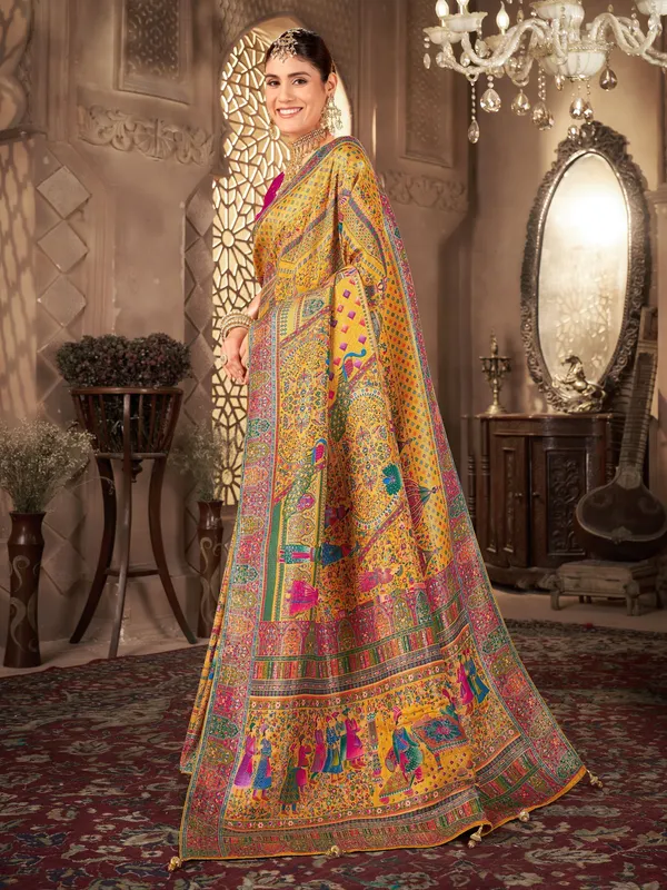 Beige_Madhubani_Pure_Silk_Jacquard_Digital_Print_Saree_For_Women_|_With_Blouse_Piece