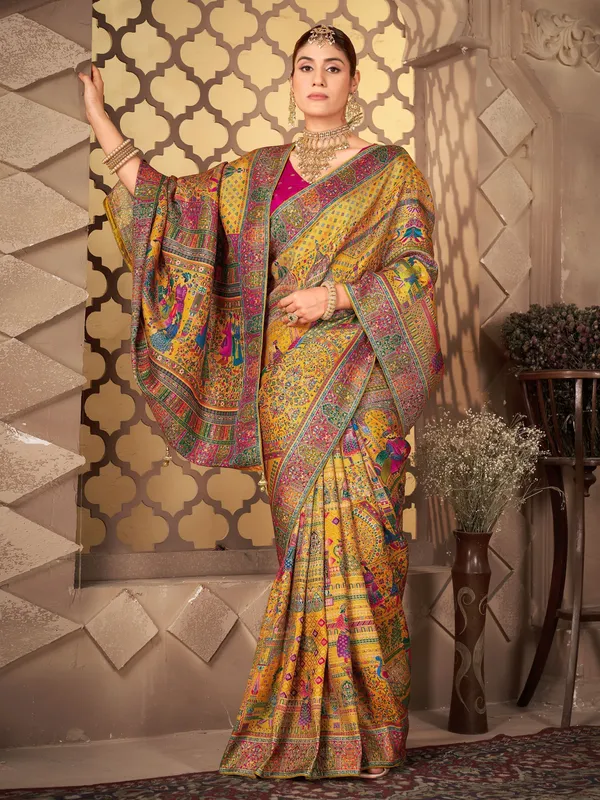 Beige_Madhubani_Pure_Silk_Jacquard_Digital_Print_Saree_For_Women_|_With_Blouse_Piece