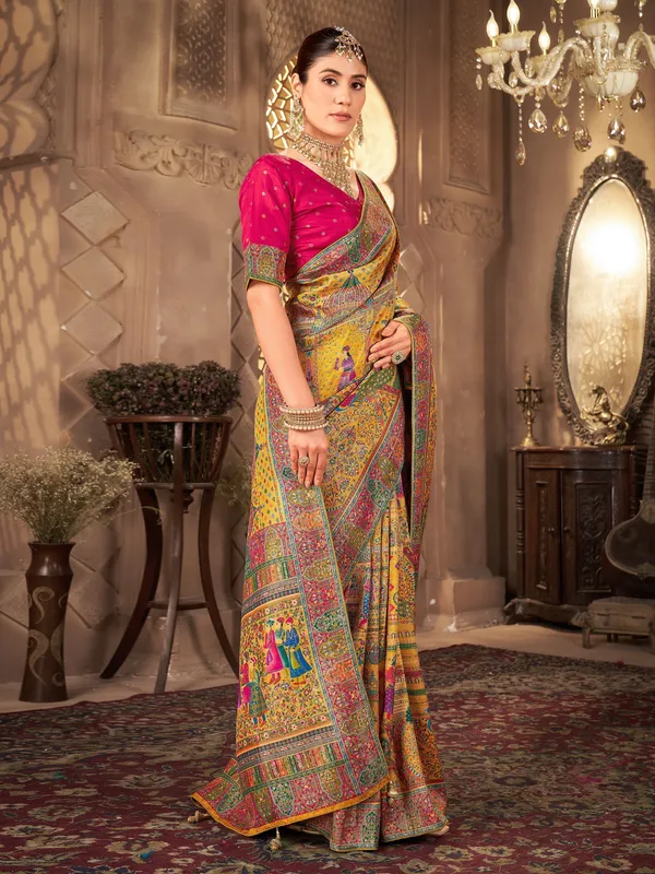 Beige_Madhubani_Pure_Silk_Jacquard_Digital_Print_Saree_For_Women_|_With_Blouse_Piece