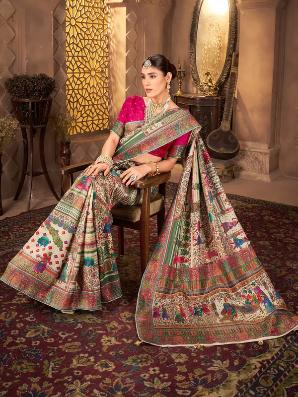 Sariya_Light_Green_Madhubani_Pure_Silk_Jacquard_Saree_For_Women_|_With_Blouse_Piece
