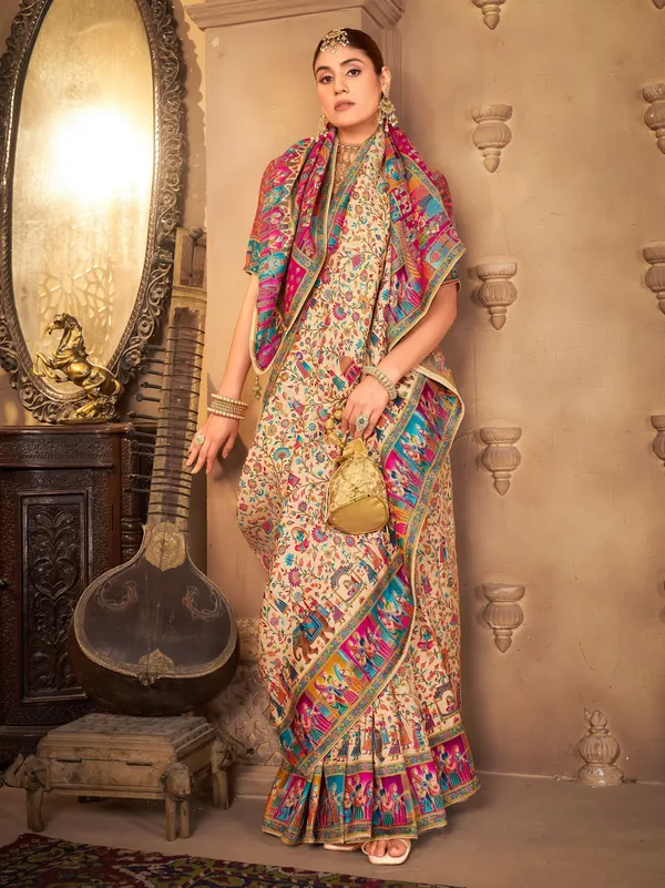 Beige_Madhubani_Pure_Silk_Jacquard_Printed_Saree_For_Women_|_With_Blouse_Piece