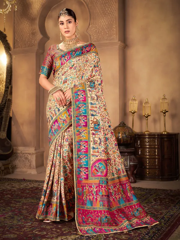 Beige_Madhubani_Pure_Silk_Jacquard_Printed_Saree_For_Women_|_With_Blouse_Piece