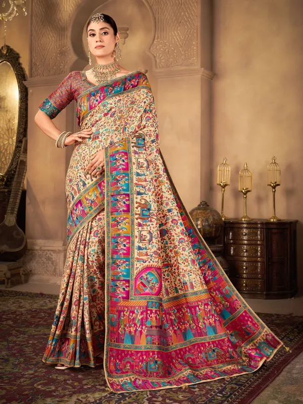 Beige_Madhubani_Pure_Silk_Jacquard_Printed_Saree_For_Women_|_With_Blouse_Piece