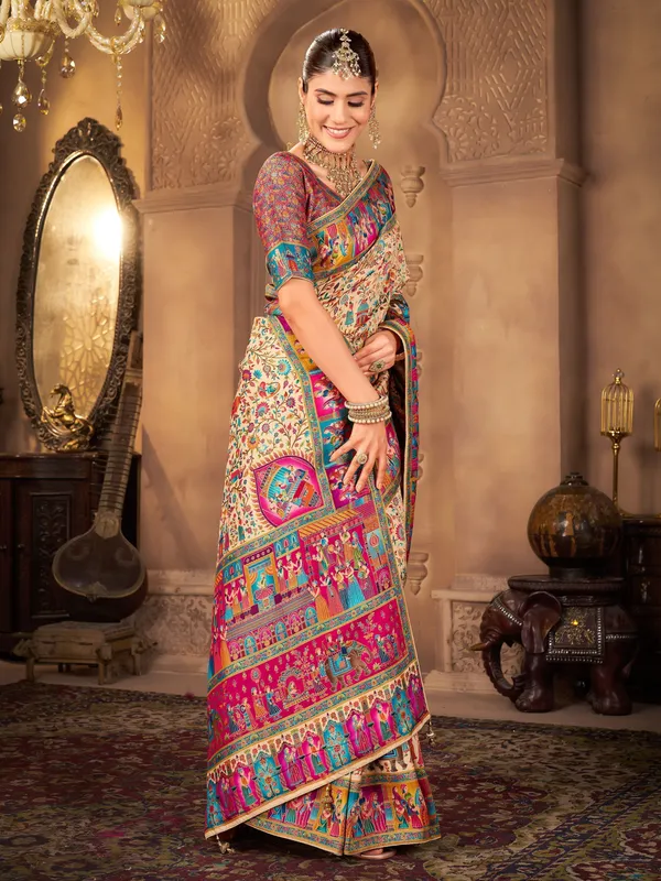 Beige_Madhubani_Pure_Silk_Jacquard_Printed_Saree_For_Women_|_With_Blouse_Piece