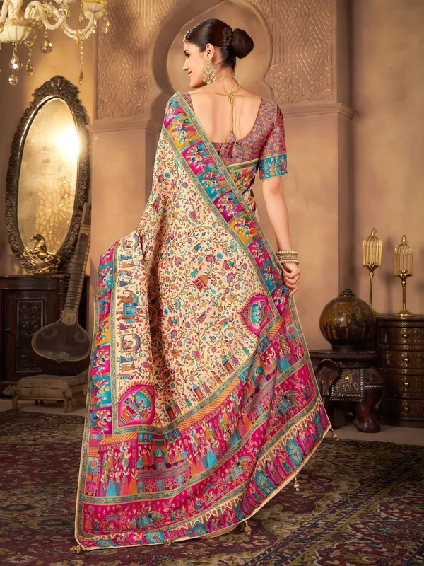 Beige_Madhubani_Pure_Silk_Jacquard_Printed_Saree_For_Women_|_With_Blouse_Piece