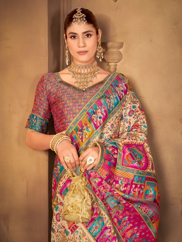 Beige_Madhubani_Pure_Silk_Jacquard_Printed_Saree_For_Women_|_With_Blouse_Piece