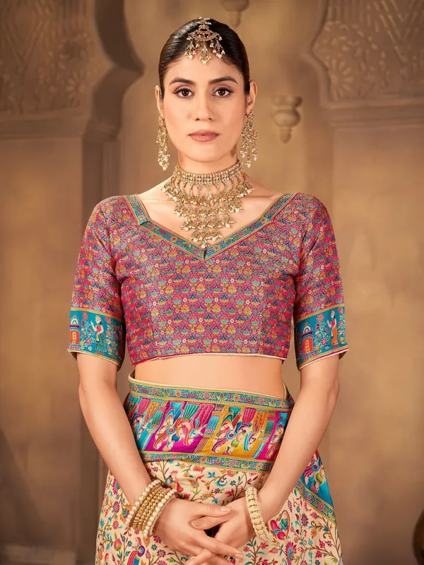 Beige_Madhubani_Pure_Silk_Jacquard_Printed_Saree_For_Women_|_With_Blouse_Piece