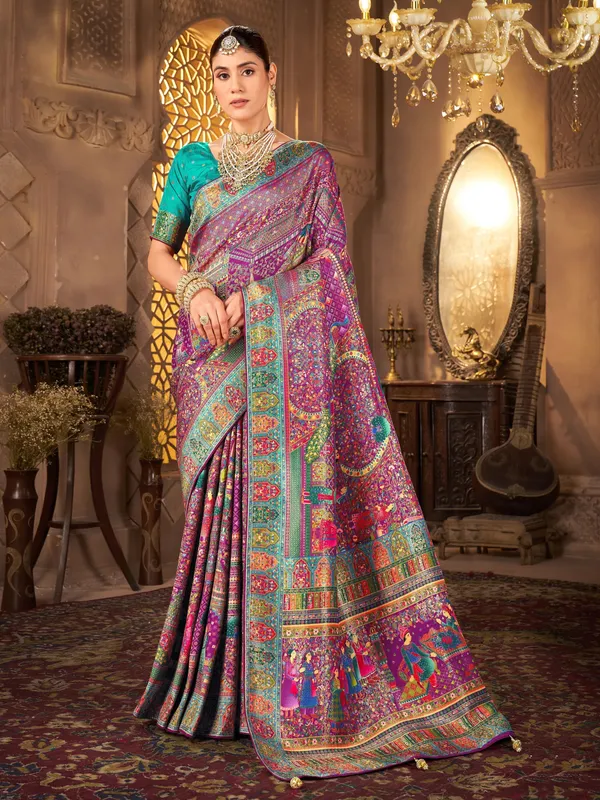 Purple_Madhubani_Pure_Silk_Jacquard_Woven_Saree_For_Women_|_With_Blouse_Piece