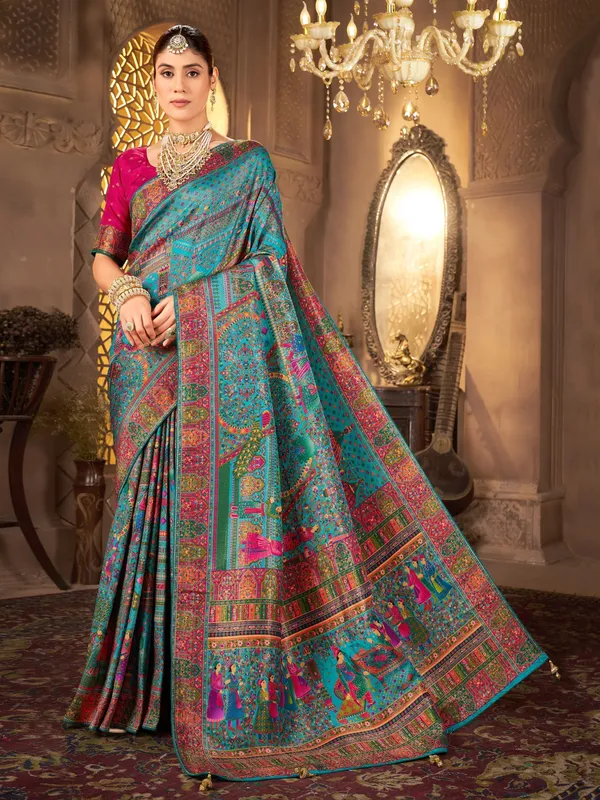 Light_Blue_Madhubani_Pure_Silk_Jacquard_Woven_Saree_For_Women_|_With_Blouse_Piece