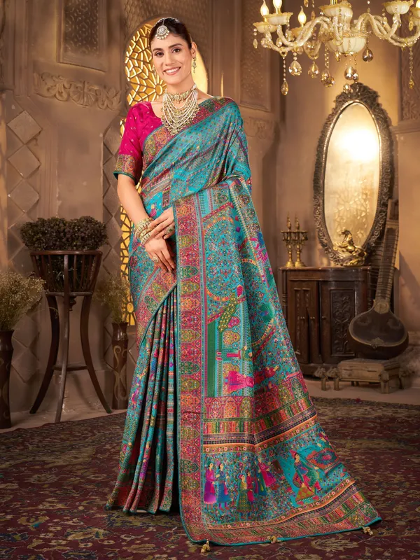 Light_Blue_Madhubani_Pure_Silk_Jacquard_Woven_Saree_For_Women_|_With_Blouse_Piece