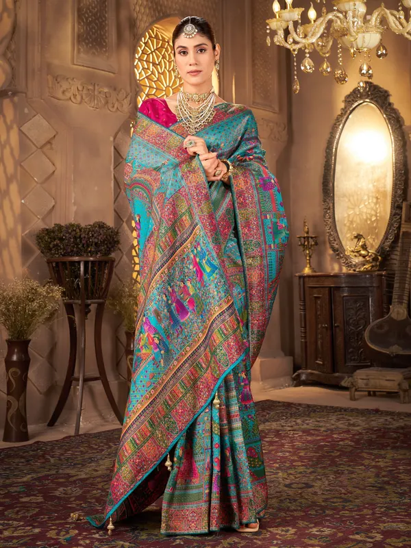 Light_Blue_Madhubani_Pure_Silk_Jacquard_Woven_Saree_For_Women_|_With_Blouse_Piece