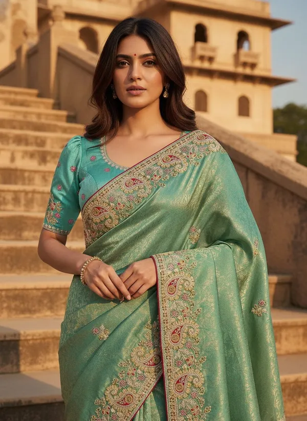Light_Green_Gold_Georgette_Banarasi_Jacquard_Embroidered_Saree_For_Women_|_With_Blouse_Piece