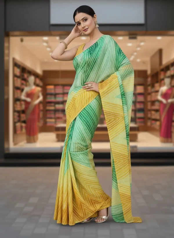 Green_Georgette_Printed_Leheriya_Saree_For_Women_|_With_Blouse_Piece