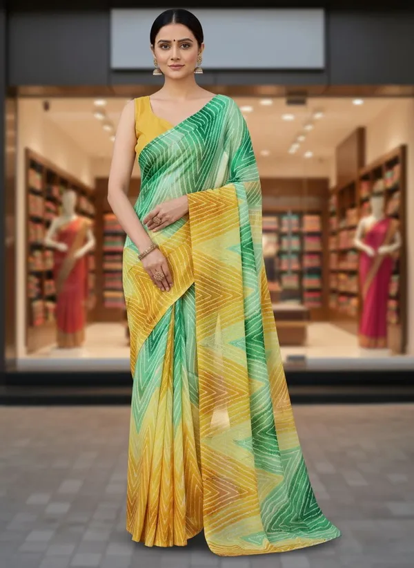 Green_Georgette_Printed_Leheriya_Saree_For_Women_|_With_Blouse_Piece