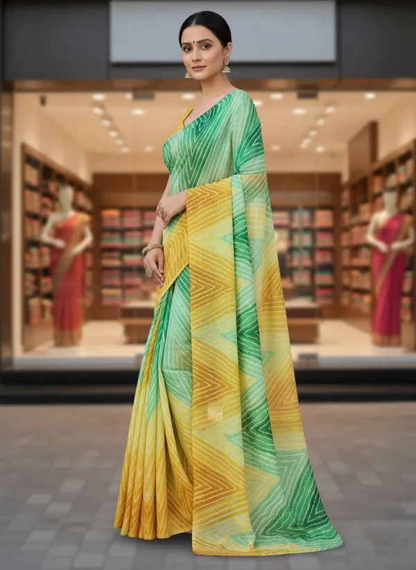 Green_Georgette_Printed_Leheriya_Saree_For_Women_|_With_Blouse_Piece