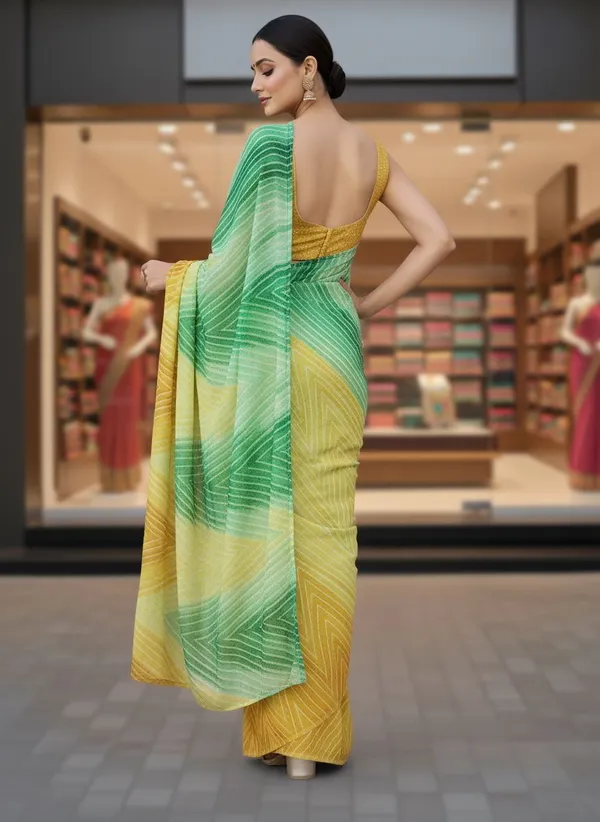 Green_Georgette_Printed_Leheriya_Saree_For_Women_|_With_Blouse_Piece