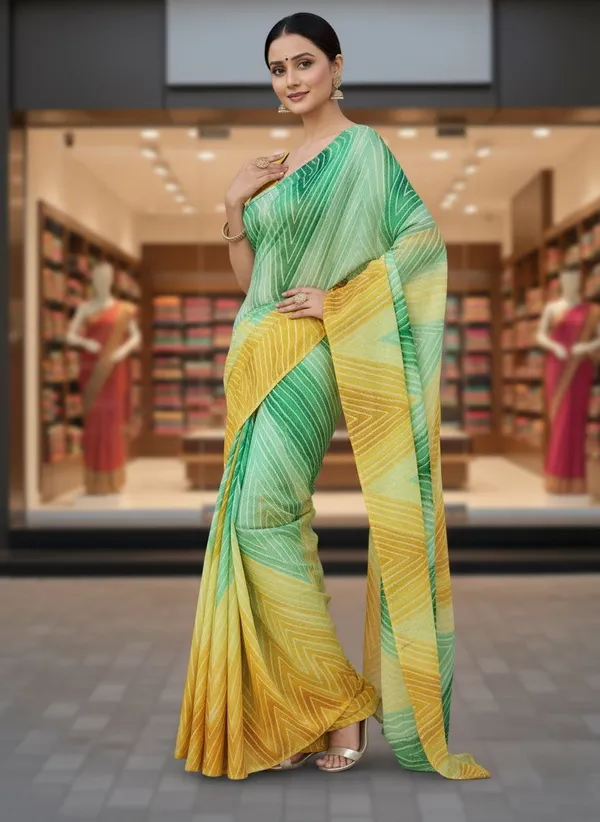 Green_Georgette_Printed_Leheriya_Saree_For_Women_|_With_Blouse_Piece
