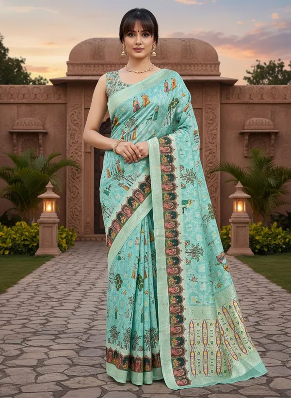 Light_Blue_Cotton_Silk_Digital_Print_Banarasi_Saree_For_Women_|_With_Blouse_Piece