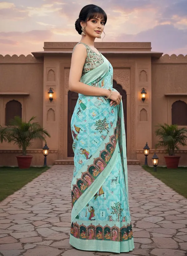 Light_Blue_Cotton_Silk_Digital_Print_Banarasi_Saree_For_Women_|_With_Blouse_Piece