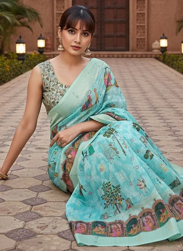 Light_Blue_Cotton_Silk_Digital_Print_Banarasi_Saree_For_Women_|_With_Blouse_Piece