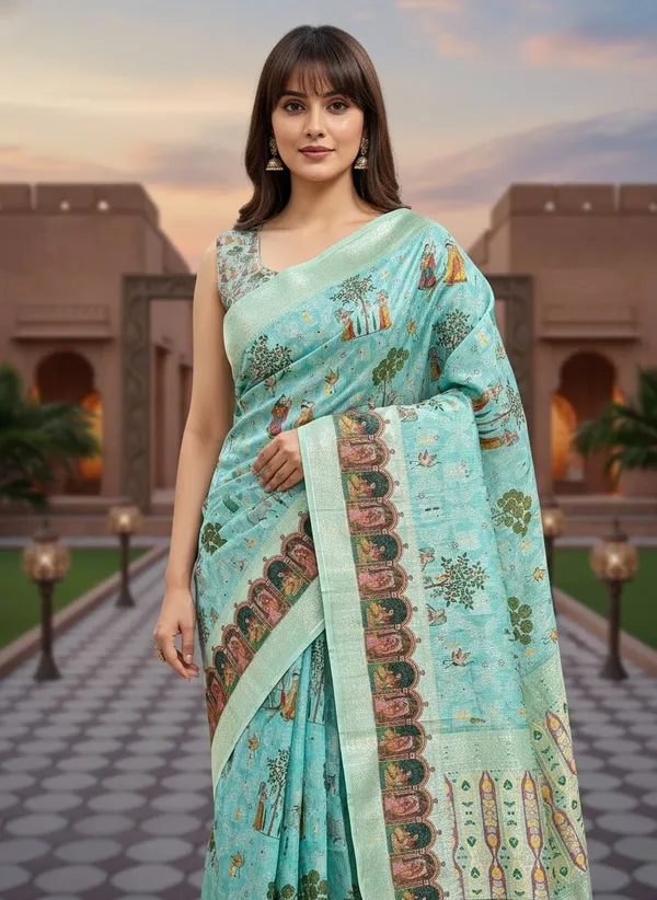 Light_Blue_Cotton_Silk_Digital_Print_Banarasi_Saree_For_Women_|_With_Blouse_Piece