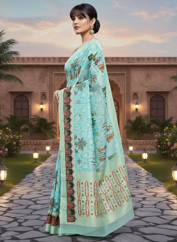 Light_Blue_Cotton_Silk_Digital_Print_Banarasi_Saree_For_Women_|_With_Blouse_Piece