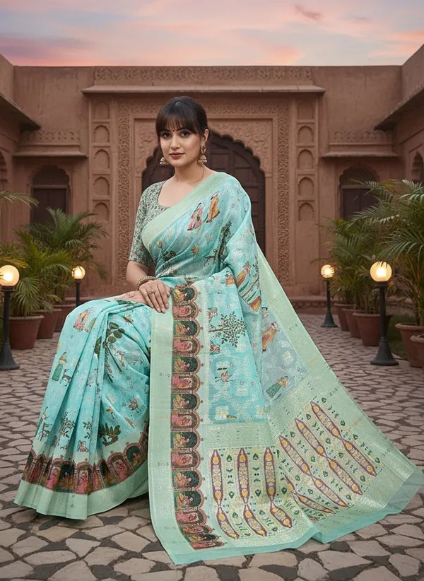 Light_Blue_Cotton_Silk_Digital_Print_Banarasi_Saree_For_Women_|_With_Blouse_Piece